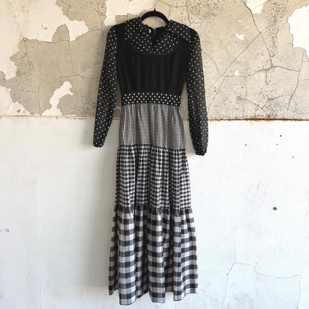 Vintage Maxi Dress Polka Dot Gingham Tiered Prairie 70s Dagger Collar Carlette